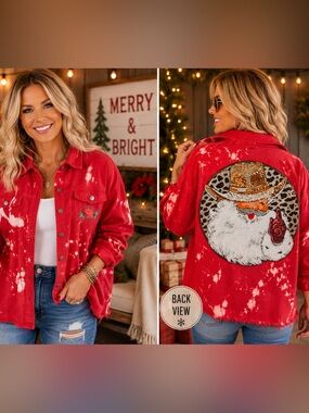CHRISTMAS IN JULY - Bleaced Red Distressed Denim w/ Big Santa Back Patch